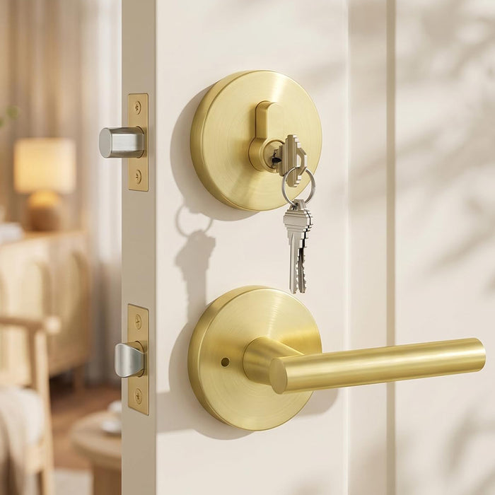 Brushed Gold Front Door Handle and Deadbolt Set