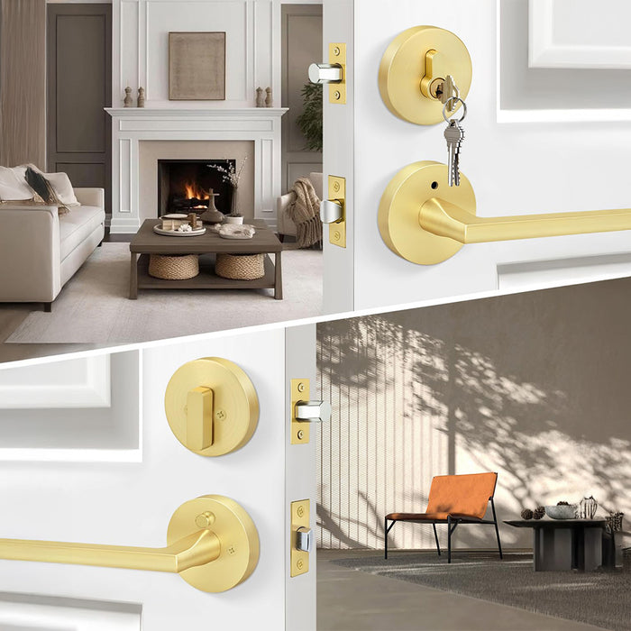 Brushed Gold Front Door Handle and Deadbolt Set