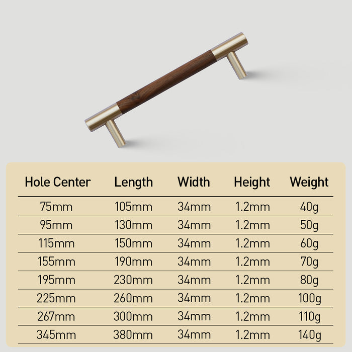 Luxury Brass Walnut T-bar Wardrobe Handles