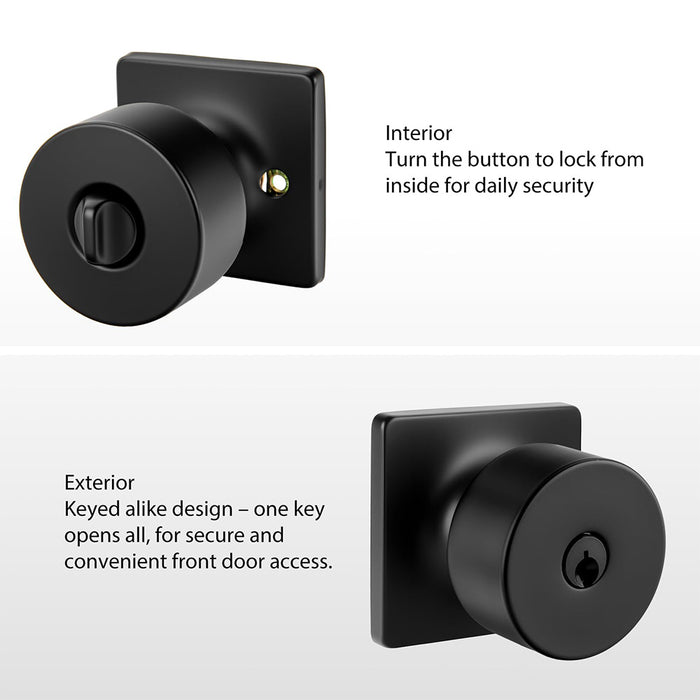Matte Black Keyed-Alike Entry Door Knobs with Lock & Key