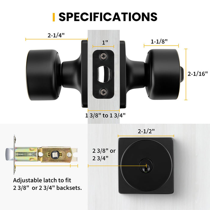 Matte Black Keyed-Alike Entry Door Knobs with Lock & Key