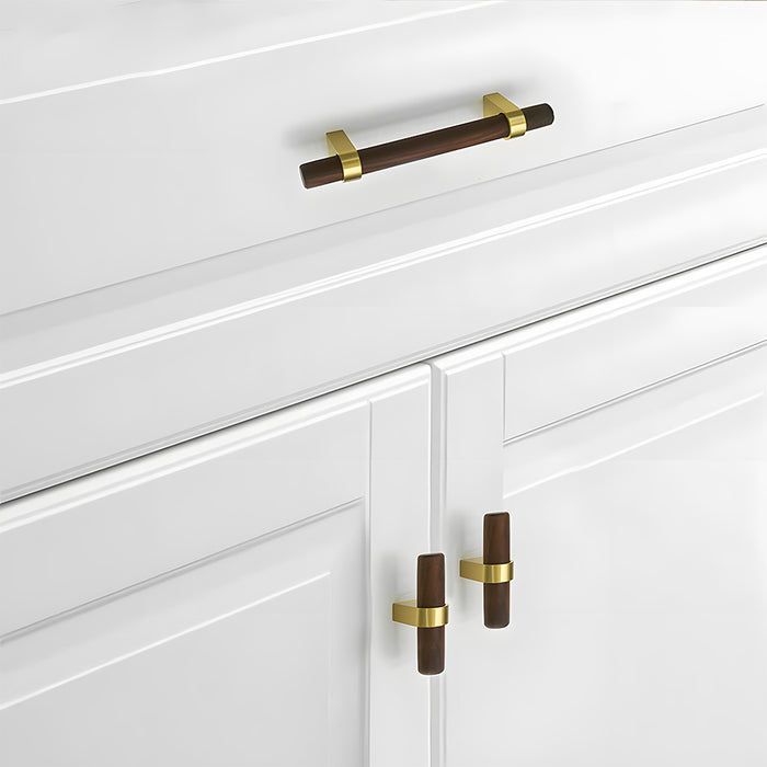 Mid-Century Walnut Wood and Brass T-Bar Cabinet Pulls