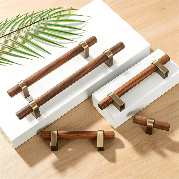 Mid-Century Walnut Wood and Brass T-Bar Cabinet Pulls