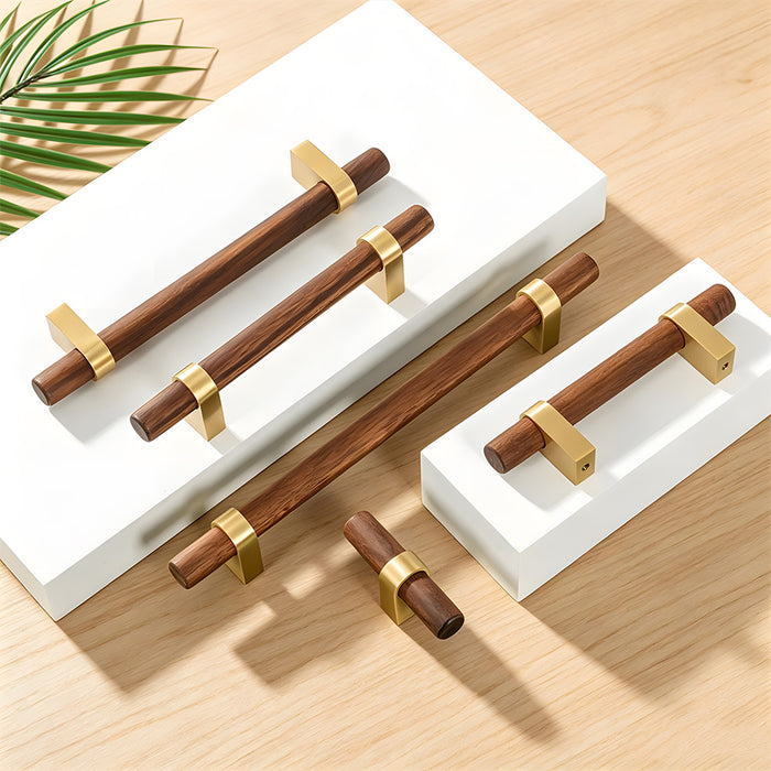 Mid-Century Walnut Wood and Brass T-Bar Cabinet Pulls