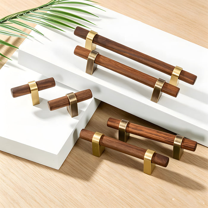 Mid-Century Walnut Wood and Brass T-Bar Cabinet Pulls