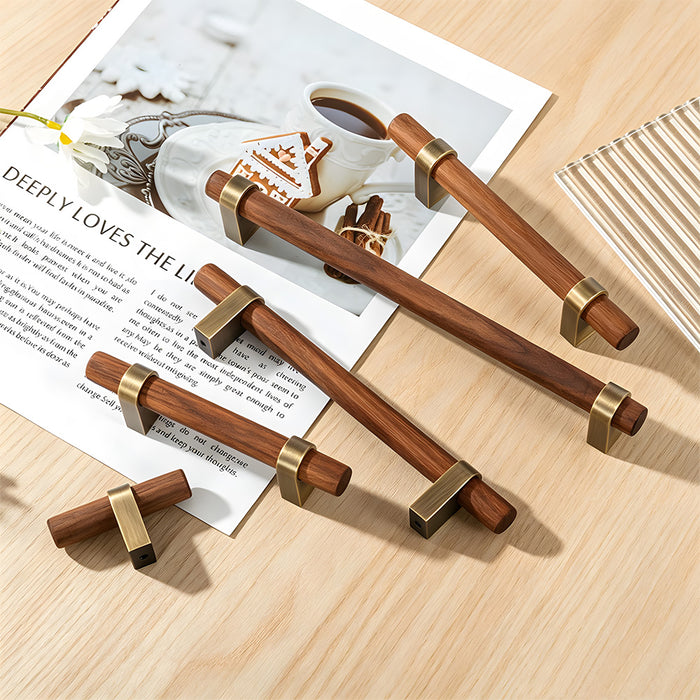 Mid-Century Walnut Wood and Brass T-Bar Cabinet Pulls