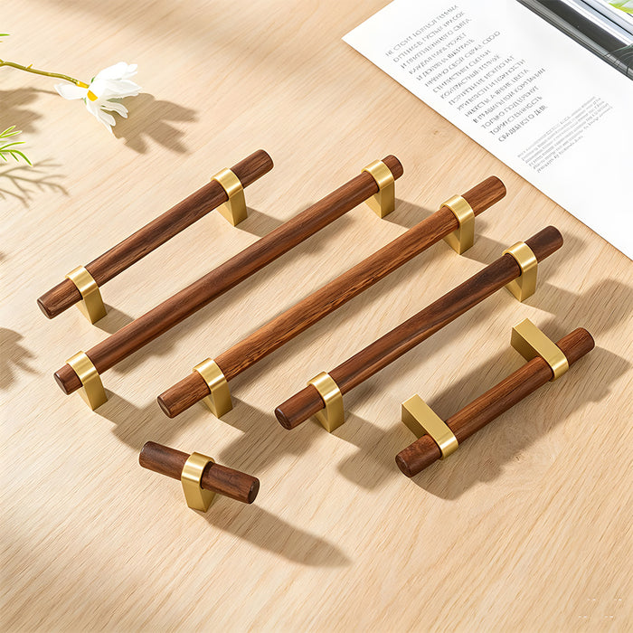 Mid-Century Walnut Wood and Brass T-Bar Cabinet Pulls