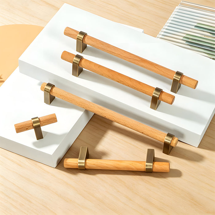 Mid-Century Walnut Wood and Brass T-Bar Cabinet Pulls