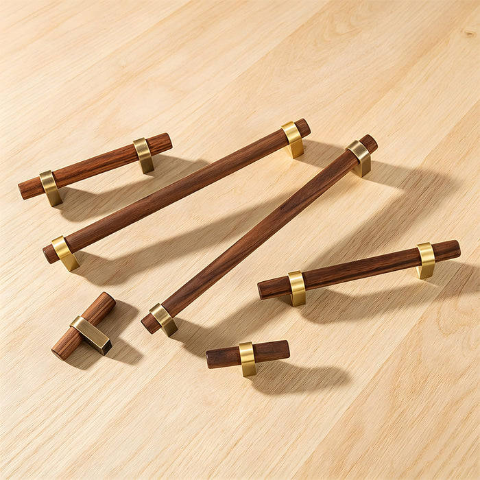 Mid-Century Walnut Wood and Brass T-Bar Cabinet Pulls