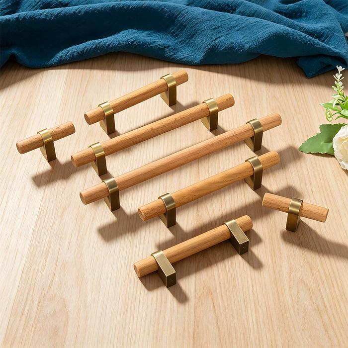 Mid-Century Walnut Wood and Brass T-Bar Cabinet Pulls