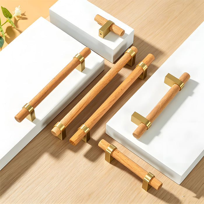 Mid-Century Walnut Wood and Brass T-Bar Cabinet Pulls