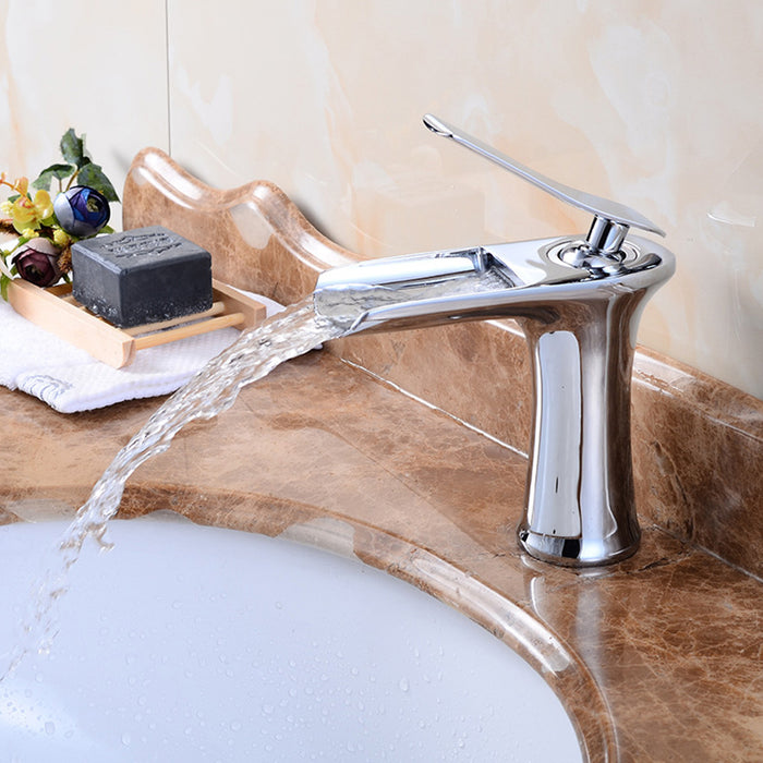 Modern Solid Brass Waterfall Bathroom Single Handle Vanity Faucets