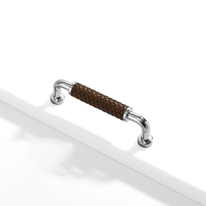 Modern Woven Leather Cabinet Pulls with Curved Zinc Alloy Base
