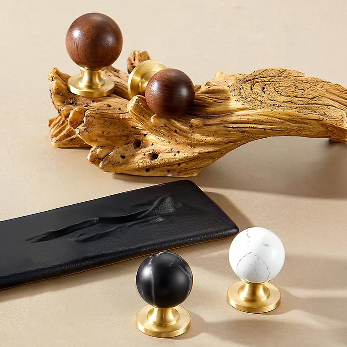 Vintage Walnut Wood Black White Marble Ball Cabinet Knob