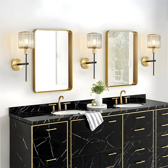 Modern Gold Wall Sconce Lighting with Clear Ribbed Glass Shade