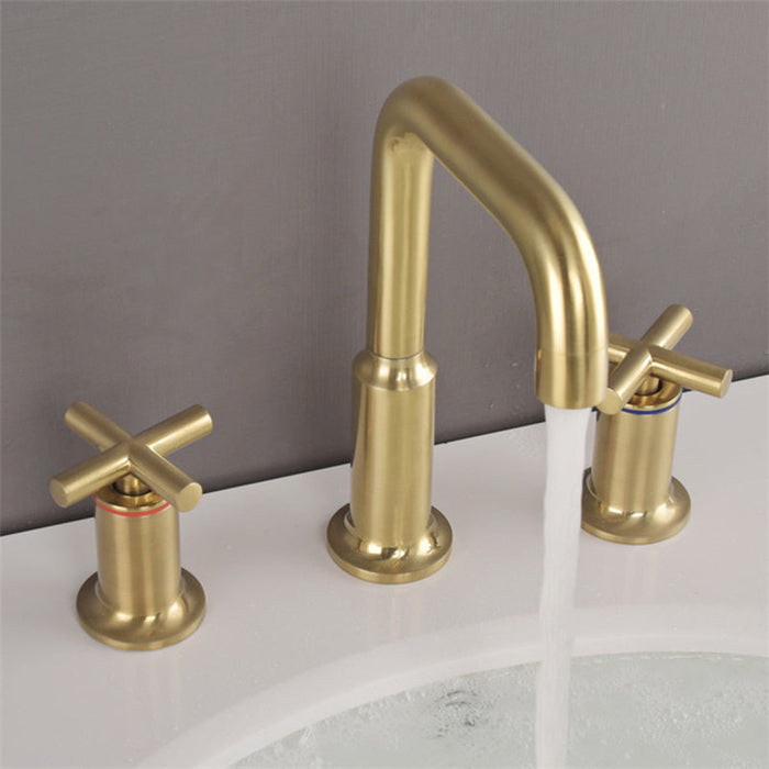 FLG 8 in. Widespread Double Handle Bathroom Faucet with Drain Kit 3 Holes Brass Waterfall Bathroom Sink Taps in Brushed Gold cc0198bg FLG 8 in. Widespread Double Handle Bathroom Faucet with Drain Kit 3 Holes Brass Waterfall Bathroom Sink Taps in Brushed Gold cc0198bg