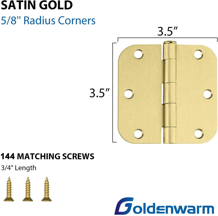 3.5 x 3.5'' Inch Satin Brass Door Hinges with 5/8'' Radius Corners
