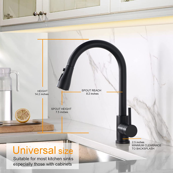 Black Kitchen Faucet with Pull Down Sprayer Modern Stainless Steel Single Handle Pull Out Kitchen Faucets Matte Black