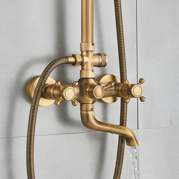 Antique Brass Shower System With Ceramic Porcelain Column And Swivel Rotate Bath Spout Dual Knobs Mixer Tap For Bath Shower Kit